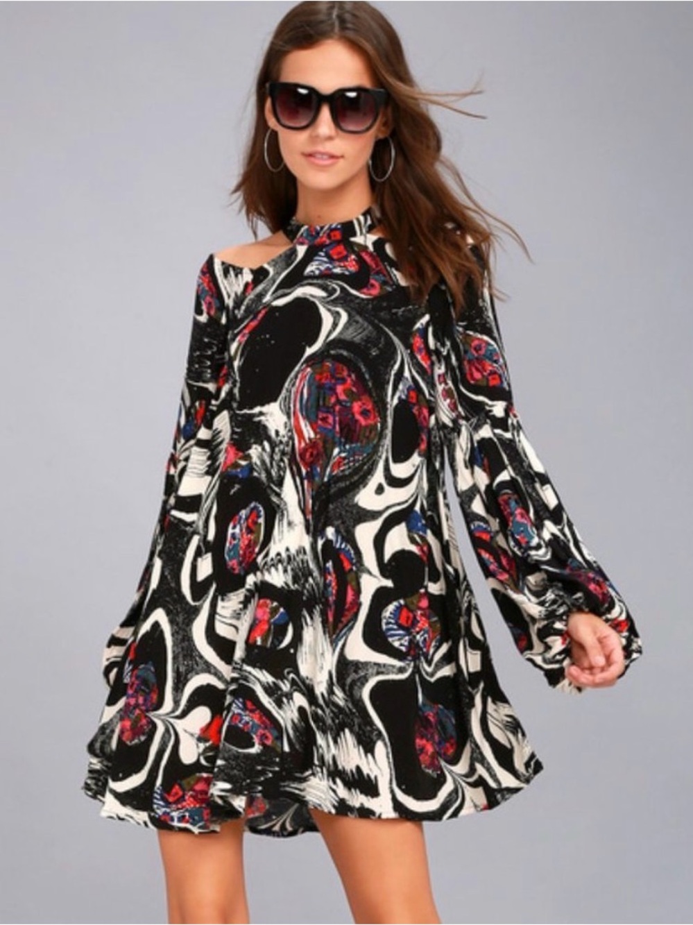 Free People Black & White Mini Dress with Red and Blue Accents